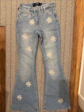 Hollister Light Blue Embroidered Floral Flare Jeans
